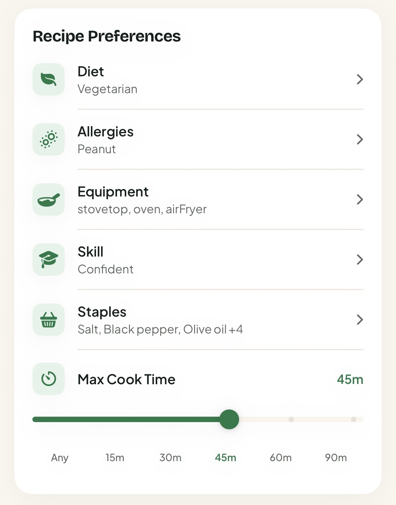 The Scrappy preferences screen with rows for diet, allergies, skill level, and kitchen equipment.
