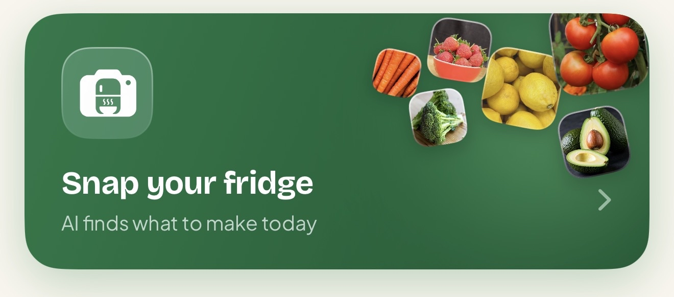 Scrappy's snap-your-fridge card: a camera icon with the prompt 'Snap your fridge, AI finds what to make today' and thumbnails of fresh produce.